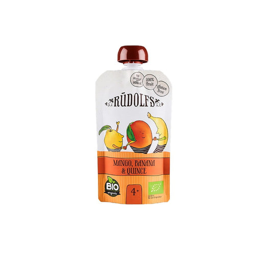Biologische Fruchtmousse mit Mango, Banane und Quitte in 110 g, LAT EKO FOOD, cremige Fruchtpaste in Gläsern.