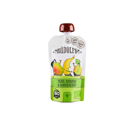 Bio-Fruchtmousse mit Birne, Banane und Stachelbeere von LAT EKO FOOD, cremige Fruchtmischung in 110 g Packung