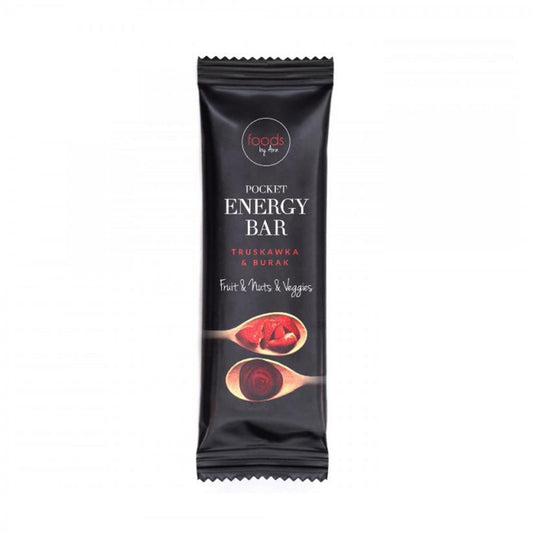 Erdbeer und Rote Bete Energieriegel von FOODS BY ANN, 35 g, mit fruchtigen und gesunden Zutaten, Nahaufnahme der Verpackung.