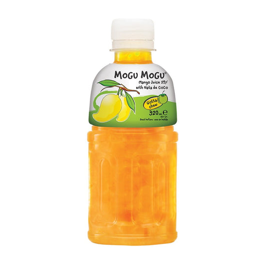 Mango-Kokos-Getränk von MOGU MOGU, 320 ml, mit Mangogeschmack und Kokosgeleestückchen, in einer transparenten Flasche