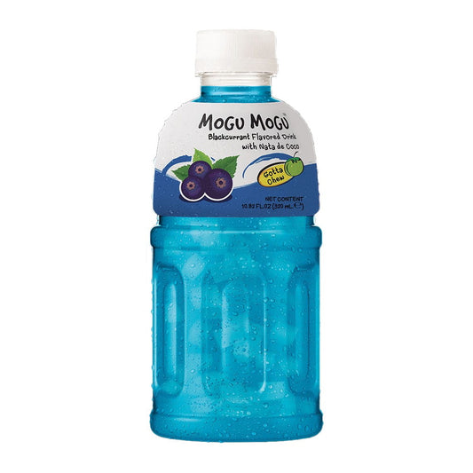 Johannisbeergetränk mit Kokosgelee in 320 ml Flasche, MOGU MOGU, mit rotem Johannisbeersaft und Kokosgelee im Glas