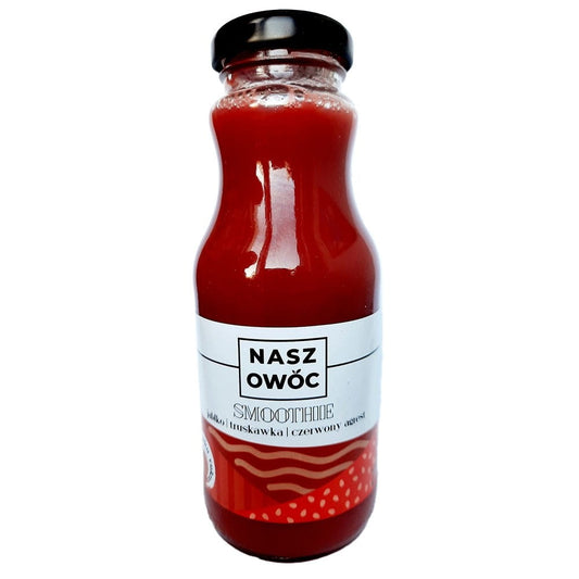 Saftiger Apfel-Erdbeere-Stachelbeere Smoothie von NASZ OWOC in 250 ml Flasche, fruchtig und erfrischend.