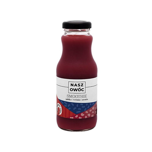 Frischer Apfel-, Kirsch- und Aronia-Smoothie von NASZ OWOC in 250 ml Flasche, fruchtiges Getränk mit roten Beeren und Früchten