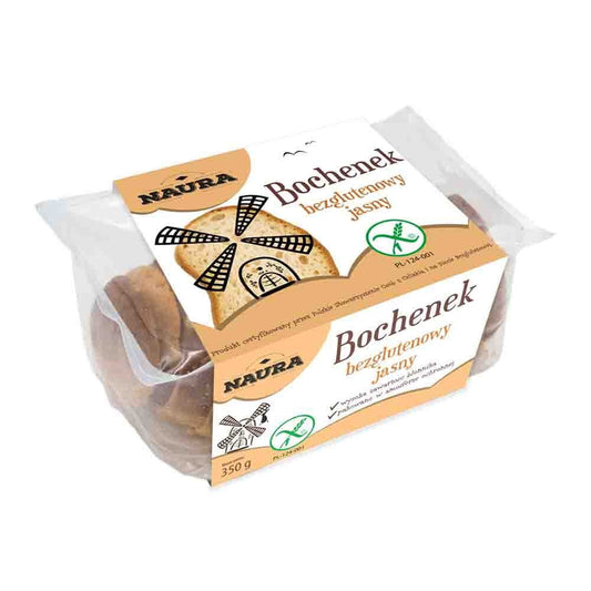 Geschnittenes glutenfreies helles Brot von NAURA, 350 g, frisch und knusprig, auf einem Holzbrett serviert.
