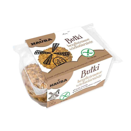 Vollbild eines glutenfreien Mehrkornbrötchens von NAURA, frisch gebacken, mit verschiedenen Körnern auf der goldbraunen Kruste.