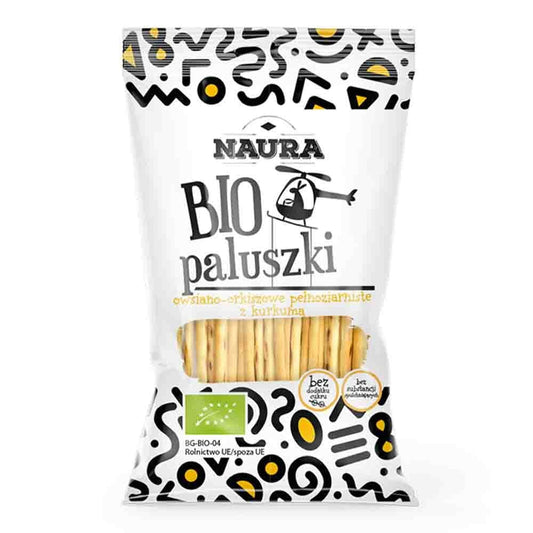 Vollkorn-Hafersticks mit Kurkuma von NAURA, BIO Dinkel Snack, 45 g auf einem weißen Teller serviert.