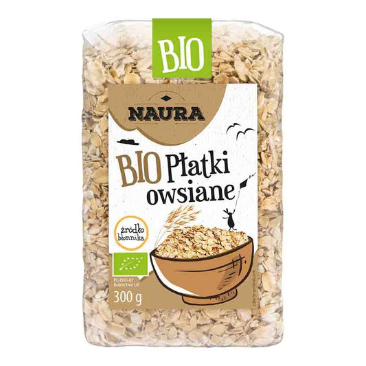 Bio-Haferflocken von NAURA, 300 g, trockene Haferflocken in einer transparenten Packung, ideal für Müsli und Backwaren