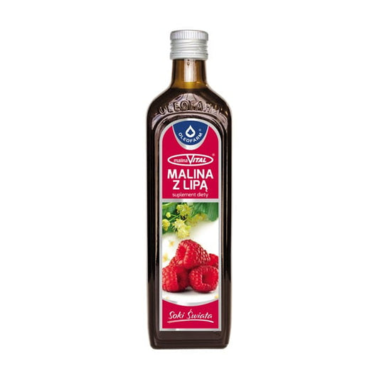 Himbeer- und Lindensaft in 490 ml Flasche von OLEOFARM, frischer Saft mit Beeren- und Nussgeschmack, vollständig sichtbar