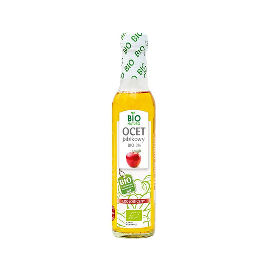 Bio Apfelessig von BIONATURO in 250 ml Flasche, naturbelassen und mit 5 % Säure für gesunde Ernährung.
