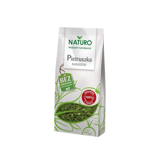 Getrocknete Petersilie von NATURO in 20 g Packung, frische grünen Kräuter, ideal zum Würzen und Kochen.