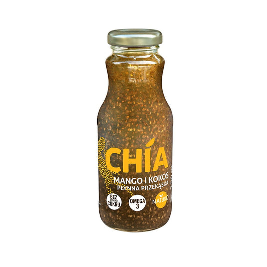 Flüssiger Snack mit Chia-, Mangosamen und Kokosnuss in 250 ml Flasche von NATURO, cremige Konsistenz, fruchtig und nahrhaft