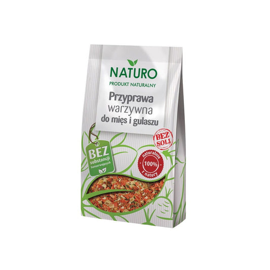 Gemüsegewürz von NATURO in 50 g, für Fleisch und Eintöpfe, mit Kräutern und Gewürzen, in einer transparenten Verpackung