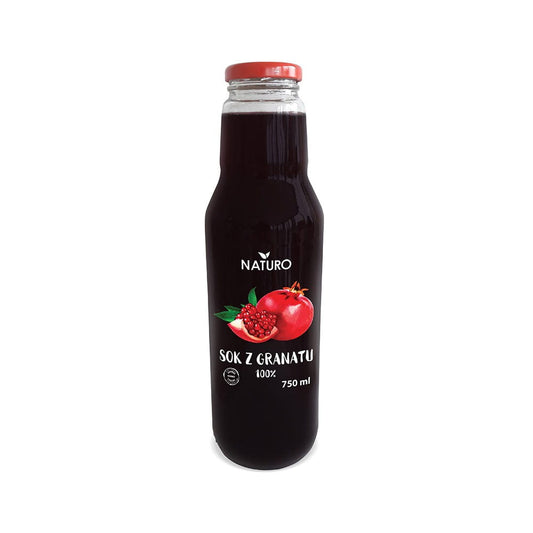 Glaskrug mit dunklem Granatapfelsaft von NATURO, 100% reiner, frischer Granatapfelsaft in transparentem Glas.