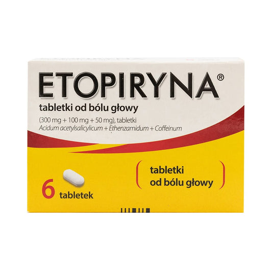 Packung mit sechs Etopyrin Tabletten von POLPHARMA, inklusive Tabletten und Blister auf weißem Hintergrund