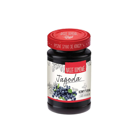 Glas Heidelbeermarmelade 320 g von PREMIUM ROSA, cremige, dunkle Marmelade mit frischen Heidelbeeren, auf einem Teller.