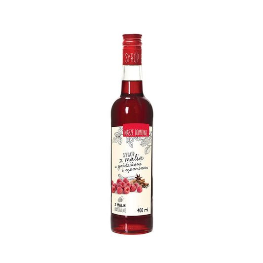 Himbeersirup mit Zimt in 400 ml Flasche von PREMIUM ROSA, cremige Textur, dunkle Himbeeren, Zimtstangen sichtbar