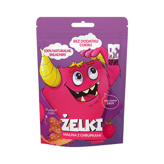 Bunte Gummibärchen ohne Zuckerzusatz mit Himbeergeschmack und Chips, 35 g, von PURELLA FOOD, auf weißem Hintergrund.
