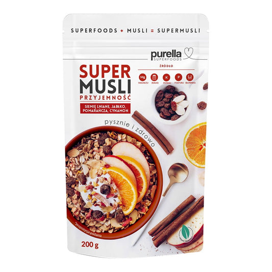 Super Müsli-Genuss von PURELLA FOOD in 200 g Packung mit verschiedenen Getreide- und Nussstücken, Nahaufnahme