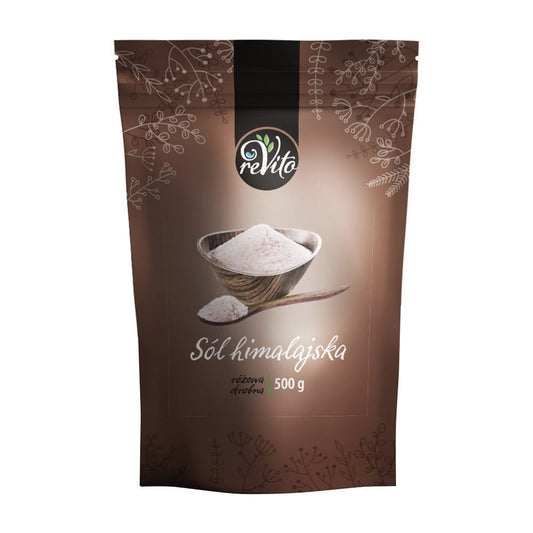 Feinkörniges Himalaya-Salz von REVITO in 500 g Packung, Nahaufnahme der kristallinen Salzstruktur.