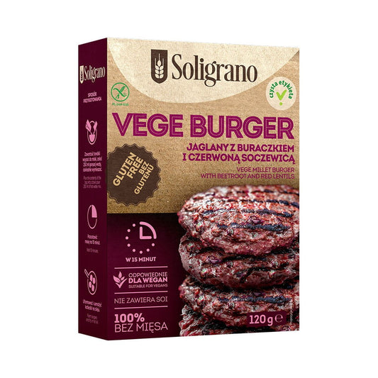 Gemüse-Hirse-Burger von SOLIGRANO mit roter Bete und roten Linsen, 140 g, gebratener Burger auf einem Teller