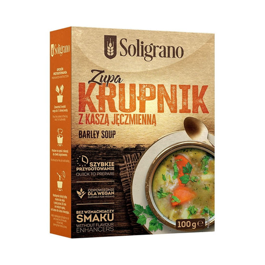 Krupnik-Suppe von SOLIGRANO, 100 g Packung, Nahaufnahme mit Suppe in einer Schüssel und frischen Kräutern.