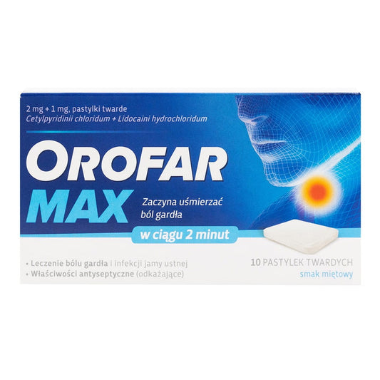 Orofar max 10 Tabletten für den Hals, STADA, Packung mit zehn Hals-Tabletten, weiße Verpackung mit blauer Beschriftung