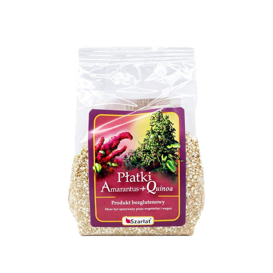 Bio Amaranth mit Quinna-Blütenblättern, 250 g, von SZARŁAT, im Glas verpackt, mit blühendem Amaranth und bunten Blüten.