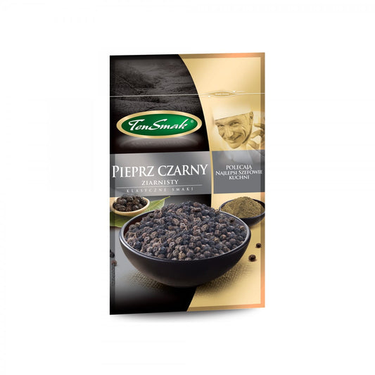 Schwarze Pfefferkörner von TEN SMAK, 20 g, frisch und aromatisch, ideal für Gewürzgerichte, auf einem Holztablett präsentiert