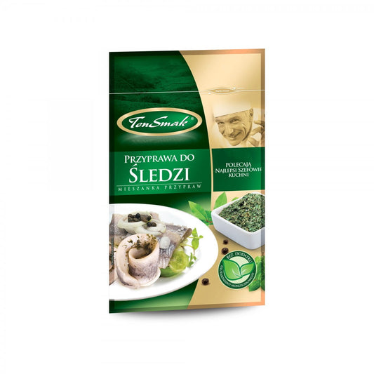 Heringsgewürz von TEN SMAK, 20 g, mit aromatischer Gewürzmischung für Fischgerichte, sichtbar in der Verpackung.