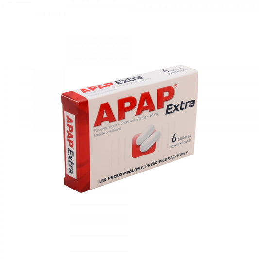 Apap extra 6 Tabletten von USP, Packung mit sechs Schmerztabletten, Nahaufnahme der Verpackung.