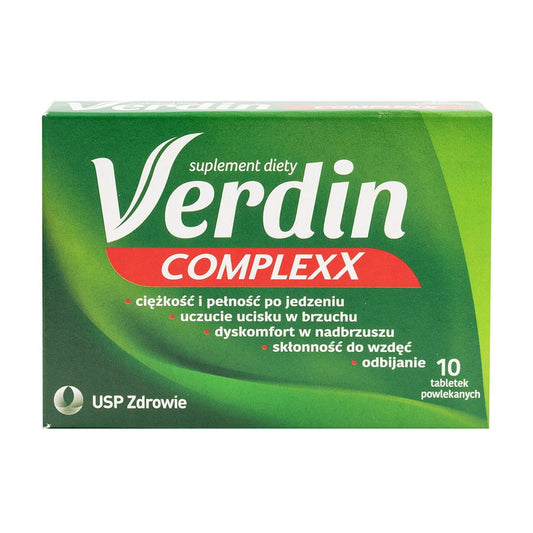 Komplex für das Verdauungssystem von USP, 10 VERDIN Tabletten, Darreichungsform und Verpackungsdetails sichtbar.