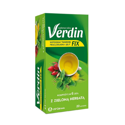Verpackung von USP Kräuter fixieren mit grünem Tee, 20 Beutel, in grüner Verpackung mit Teeblatt-Design.