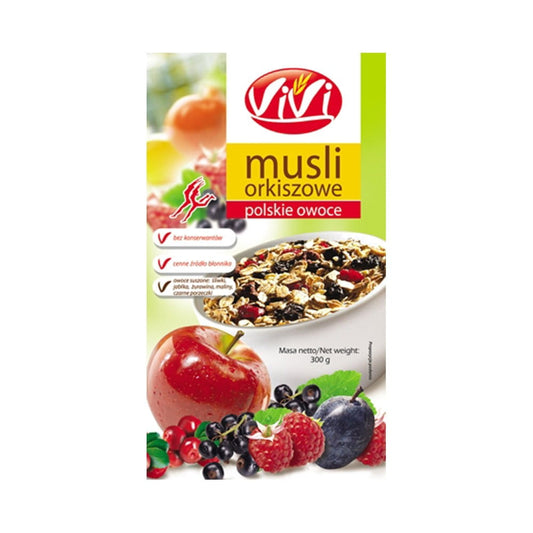 Dinkel Müsli polnische Frucht von VIVI in 300 g Verpackung, mit getrockneten Früchten und Haferflocken, Nahaufnahme
