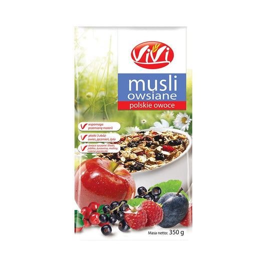 VIVI Hafermüsli Polnische Frucht, 350 g, mit Haferflocken und Trockenfrüchten, in einer offenen Packung auf einem Teller.
