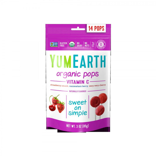 Bio Fruchtlutscher mit Vitamin C von YUMEARTH, Kirscherdbeere Geschmack, 85 g, zeigt bunte Lutscher mit Früchten auf der Verpackung.