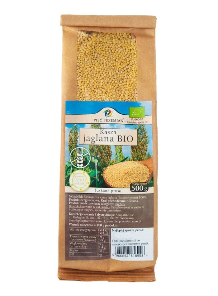 Bio-Hirse 500g von PIĘĆ PRZEMIAN, glutenfrei, in einer natürlichen Verpackung, für gesunde Ernährung, sichtbar auf dem Bild