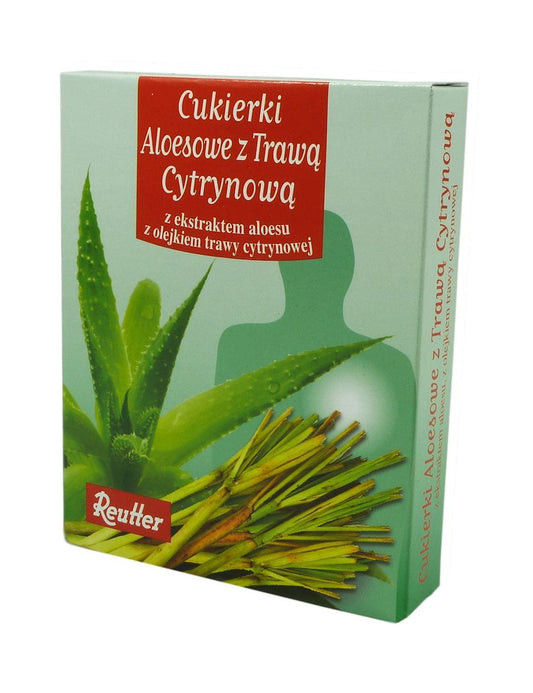 Aloe Bonbons mit Zitronengras von REUTTER, 50g, close-up Ansicht der Bonbons in einer Verpackung.