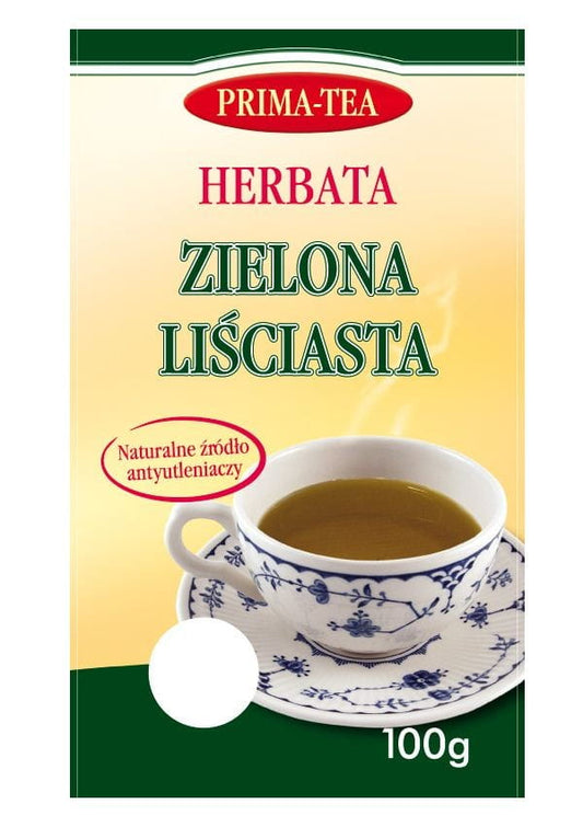 Grüner Blättertee von PRIMA-TEA in 100g Packung, frische grüne Teeblätter für eine aromatische Tasse.