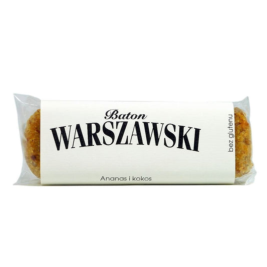 Ananas-Kokos-Riegel von BATON WARSZAWSKI, 60g, mit fruchtigen Ananas- und Kokosstücken, auf weißem Hintergrund.