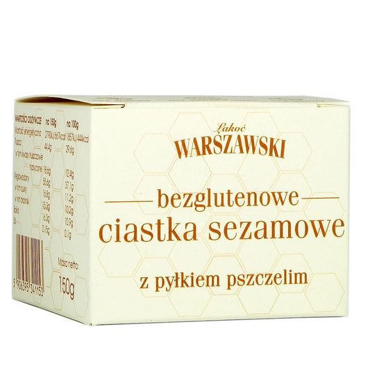 Glutenfreie Sesamkekse mit Bienenpollen von BATON WARSZAWSKI, Nahaufnahme der 150g Packung mit goldenen Keksen.