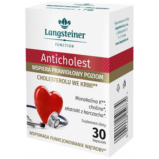 Anticholest 30 LANGSTEINER Kapseln in einer Packung mit geöffneten Kapseln und Blister, gesundheitsförderndes Nahrungsergänzungsmittel