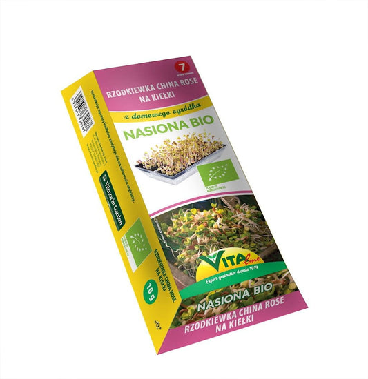 Bio Chinarosen-Rettichsamen für Sprossen, 10 g, mit VITA LINE Sprinkler, frische Saatgut in transparenter Verpackung.