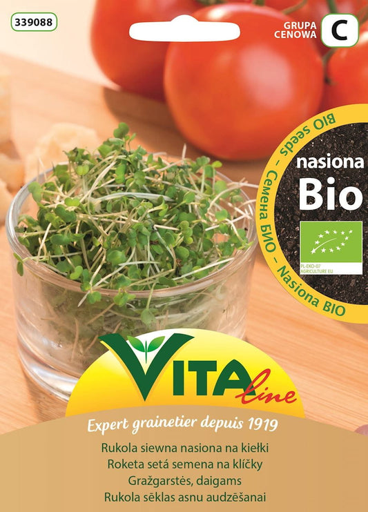 Bio Rucolasamen von VITA LINE, 15 g, ideal für Sprossen, zeigt frische Samen in einer transparenten Verpackung
