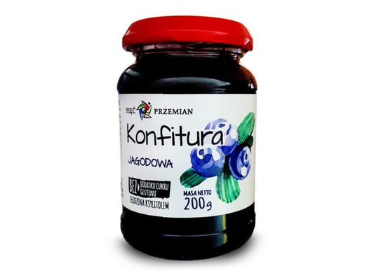 Heidelbeermarmelade von PIĘĆ PRZEMIAN, 200g Glas mit frischen Heidelbeeren und Marmeladenfüllung, Nahaufnahme