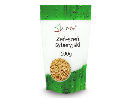 Sibirischer Ginseng von VIVIO in 100g Packung, frische Wurzel mit grünen Blättern und natürlicher Textur.