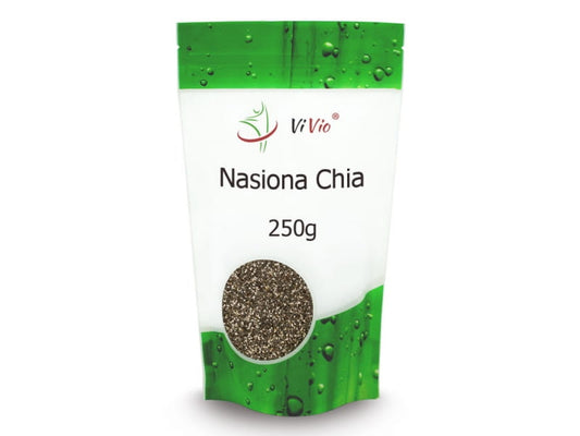VIVIO Chiasamen 250g, Nahaufnahme der getrockneten Chia-Samen in einer transparenten Packung