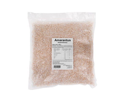 Expandierter Amaranth von VIVIO in 500g Packung, zeigt die goldenen, puffigen Amaranth-Körner in der Verpackung