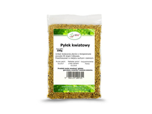 Blütenpollen in 100g Packung von VIVIO, natürliche Ergänzung mit bunten Blütenpollen in einer offenen Verpackung.