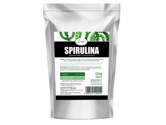 Große Spirulina-Tabletten von VIVIO, 250 mg, 1000 Stück, grüne Nahrungsergänzungstabletten auf weißem Hintergrund