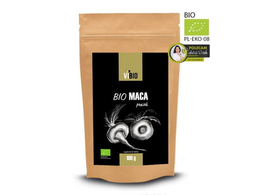 Bio-Maca-Pulver von VIBIO in 100g Packung, fein gemahlenes Maca-Wurzelpulver auf weißem Hintergrund